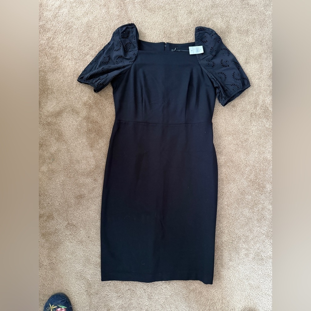 Ann Taylor Black Midi Square Neck Shearh Dress with Eyelet Sleeves size 10 NWT